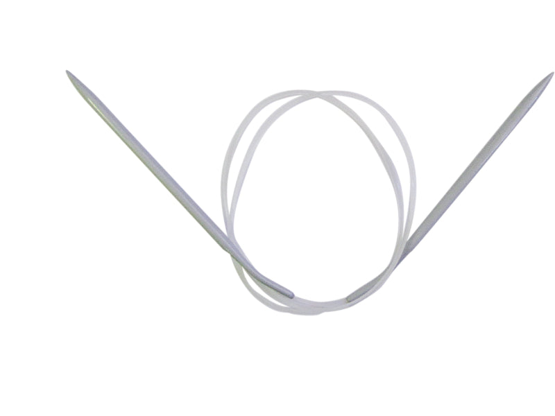 Pair of silver circular knitting needles on a white background