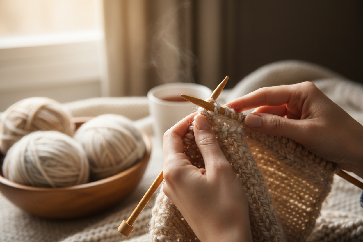 woman's hands knitting